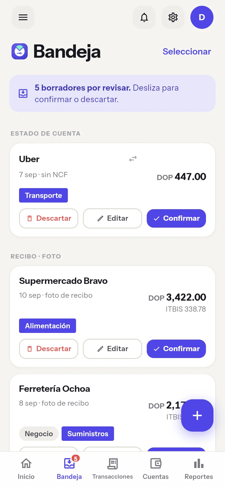 Bandeja: borradores de un estado de cuenta y de un recibo, listos para confirmar