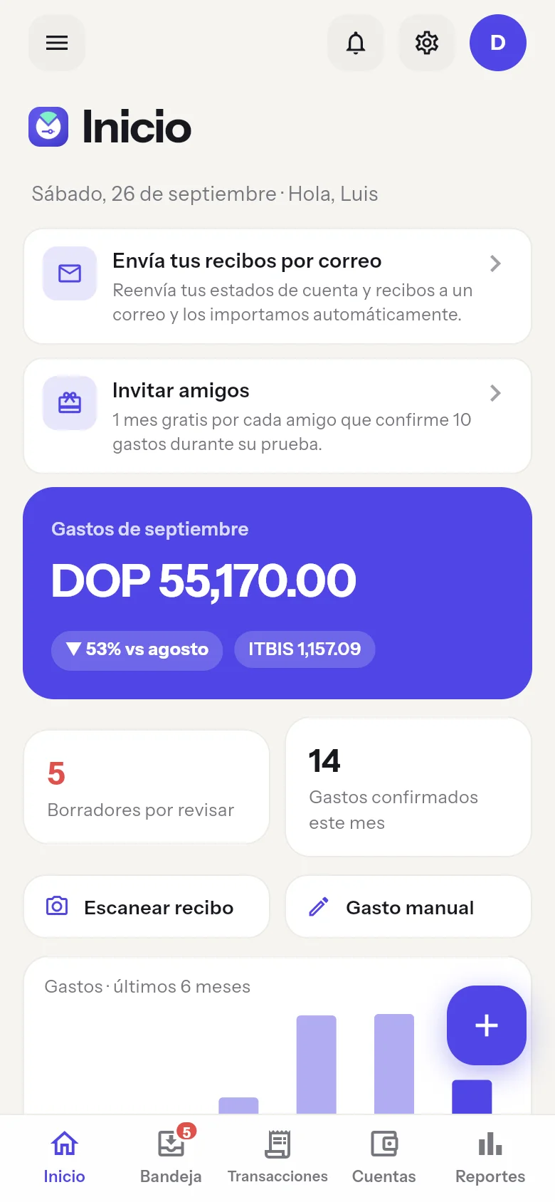 Pantalla Inicio de MyFinances360: gastos del mes, ITBIS y borradores por revisar